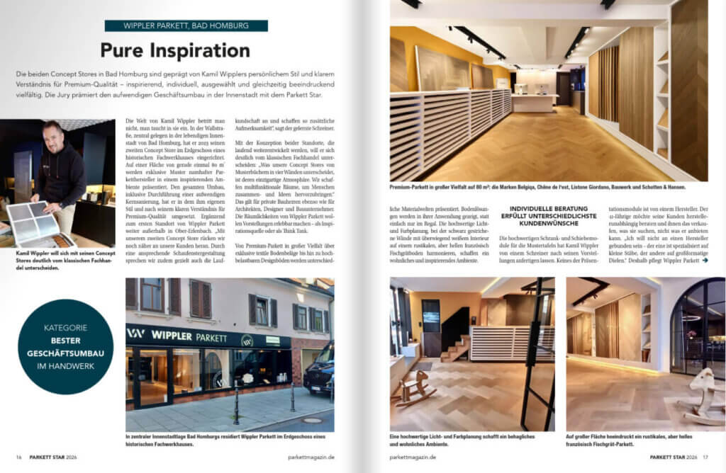 Bild zur Auszeichnung zum Parkettfachhändler des Jahres 2026 - Wippler Parkett