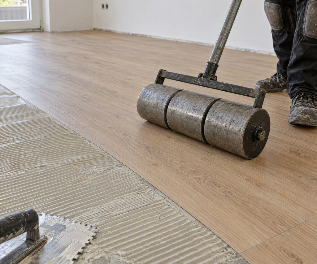 Bodenleger verklebt Vinyldielen auf dem mit Kleber vorbereiteten Estrich