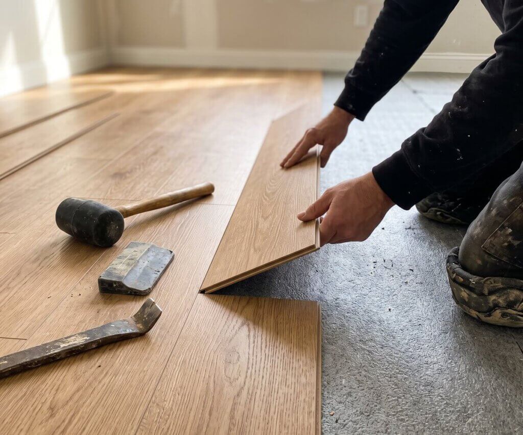 Bodenleger verlegt Klick-Vinyl in Holzoptik in einem Wohnraum