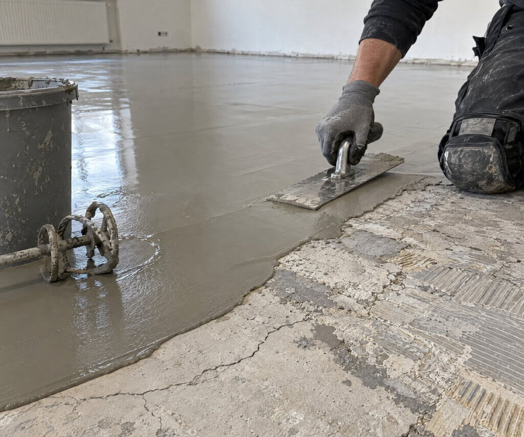 Bodenleger spachtelt den Untergrund mit Nivelliermasse vor der Vinylverlegung